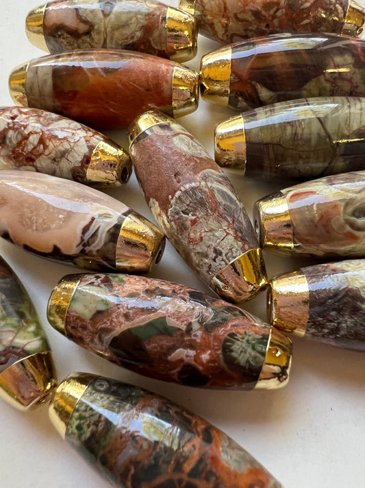 AAA Mushroom Jasper Gemstone Bead. 15x42mm Barrel Shape. Gold Fill Edge. Beautiful Brown Orange Color. Great for Jewelry Making!