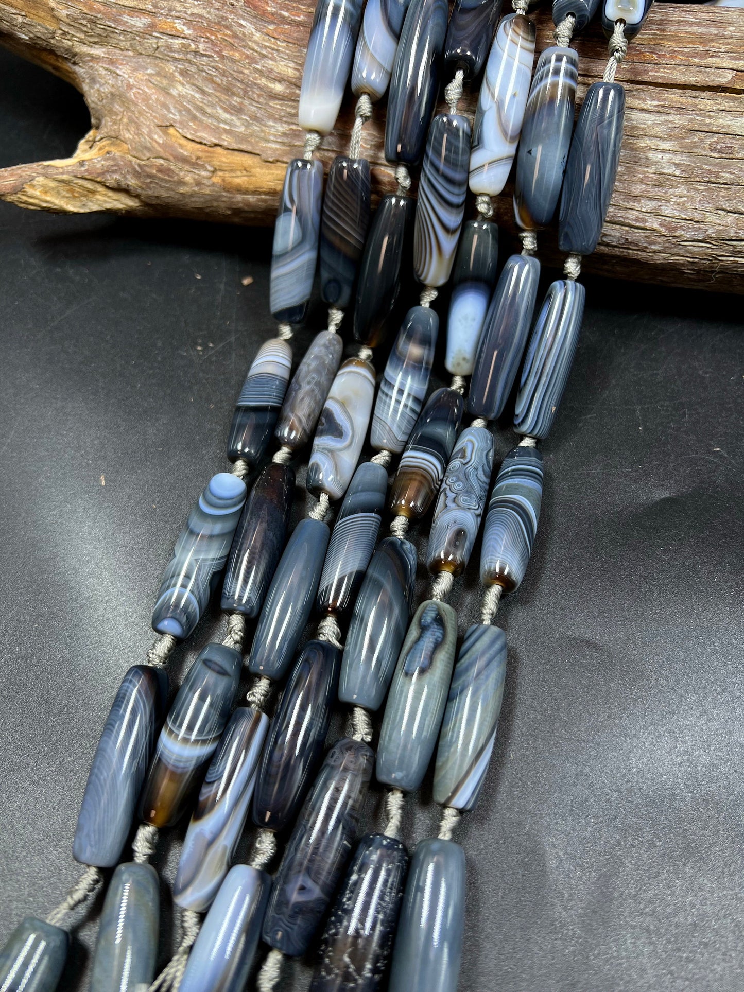 AAA Natural Botswana Agate Tube Shape Gorgeous Natural Black Gray Colors Full Strand 15.5"