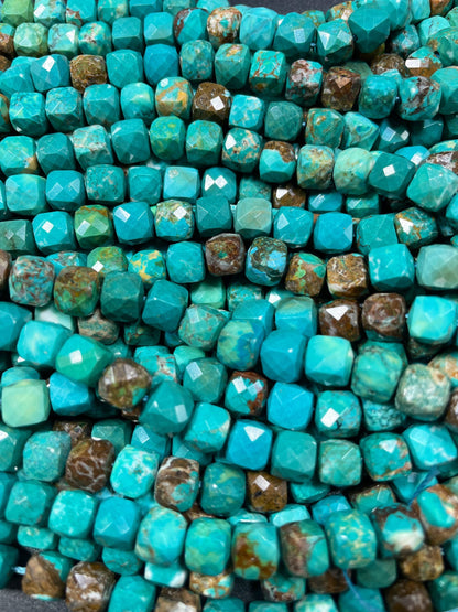 Natural Turquoise Gemstone Bead Faceted 7mm 8mm Cube Shape, Gorgeous Blue-Green Brown Color Turquoise Gemstone Bead