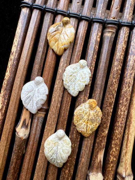 Natural Fossil Coral Pendant Hand Carved Leaf Shape 17x25mm Gorgeous Yellow Gray Color Handmade Earrings Loose Bead Loose Earring