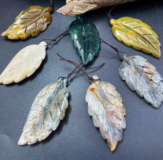 Hand Carved Natural Ocean Jasper Gemstone Pendant, Hand Carved Leaf Shape Pendant