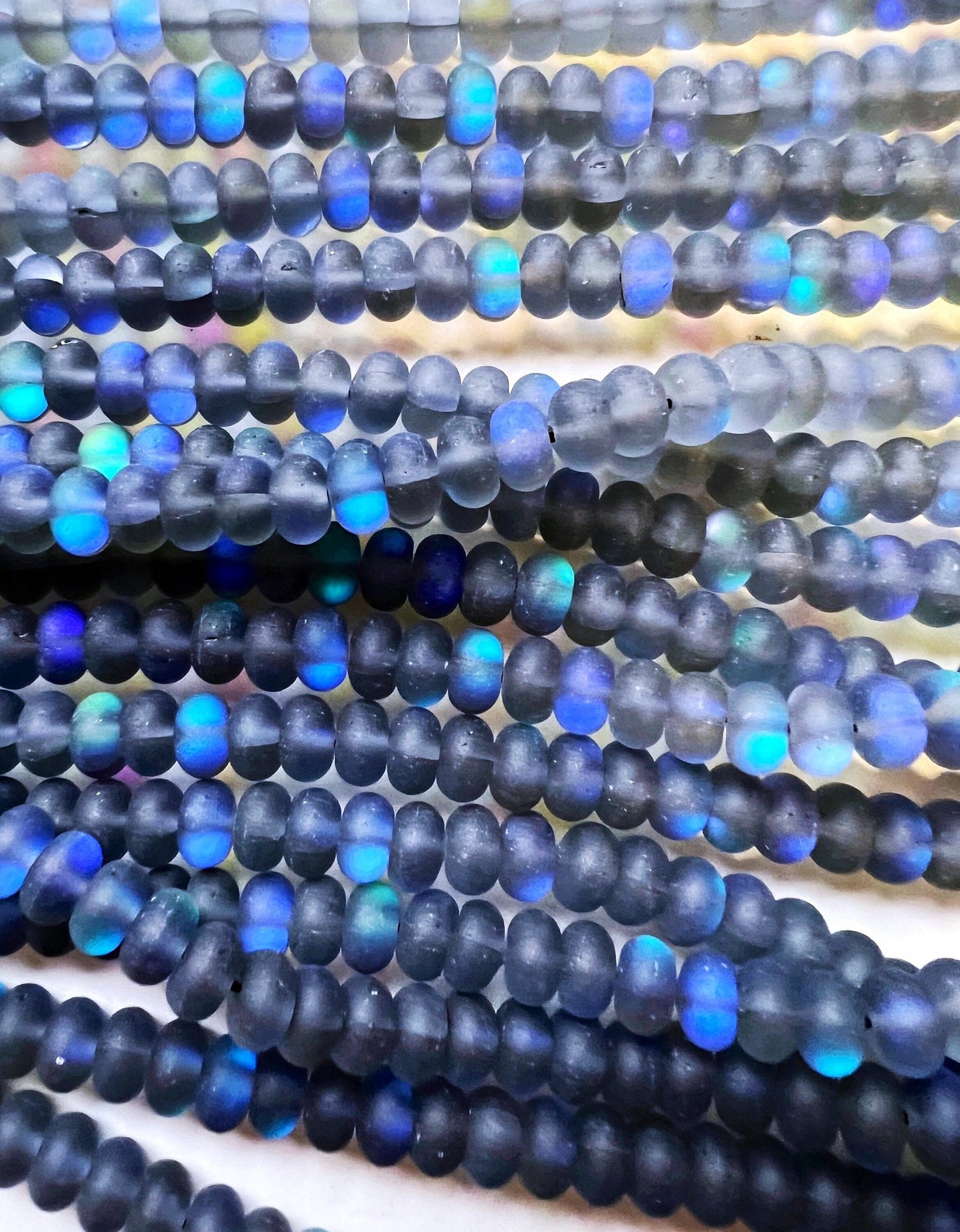 Mermaid Beads, 5x8mm Matte Black Synthetic Glass Moonstone Beads, Rondelle Shape, Full strand 15" High Quality!!!