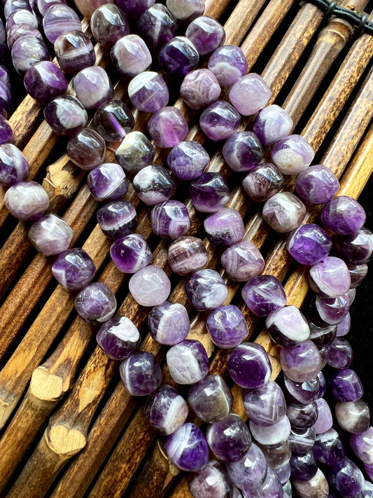 Natural Flower Banded Amethyst Stone Bead Rounded Cube 10mm Gorgeous Purple White Color Full 15.5"