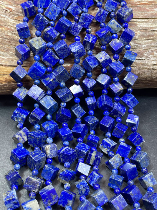 Natural Lapis Lazuli Gemstone Bead 8mm 10mm Cube Diamond Shape, Natural Blue Lapis Color, Not Treated High Quality Lapis Gemstone Bead 15.5"