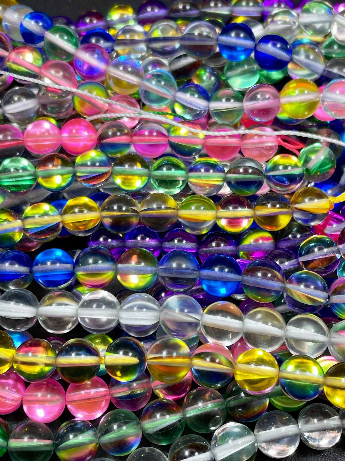 BULK! Beautiful Mermaid Glass Beads Smooth 6mm 8mm 10mm Round Beads, Mixed Multicolor Beads with Rainbow Flashes, High Quality Full Strands!