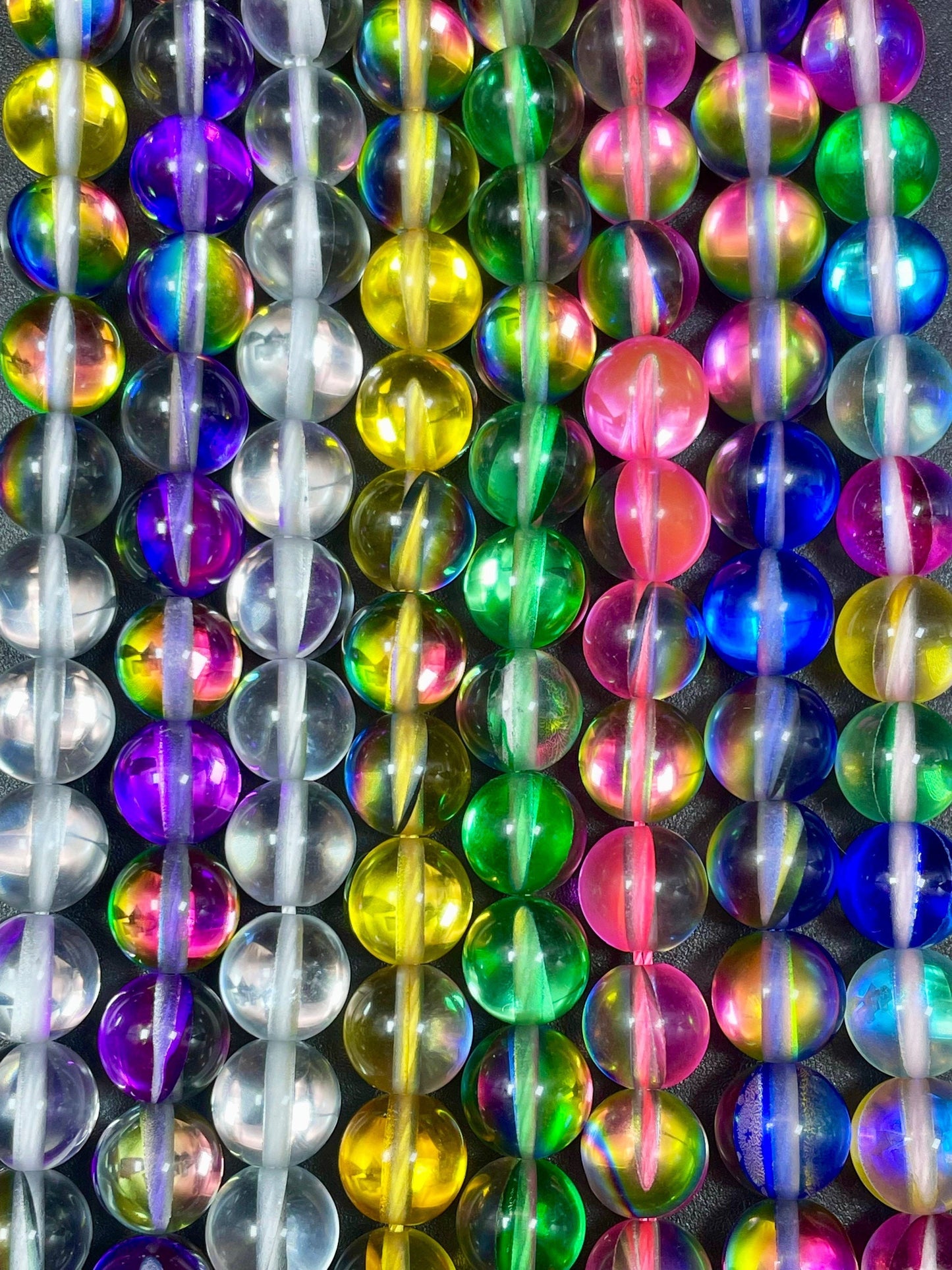 BULK! Beautiful Mermaid Glass Beads Smooth 6mm 8mm 10mm Round Beads, Mixed Multicolor Beads with Rainbow Flashes, High Quality Full Strands!