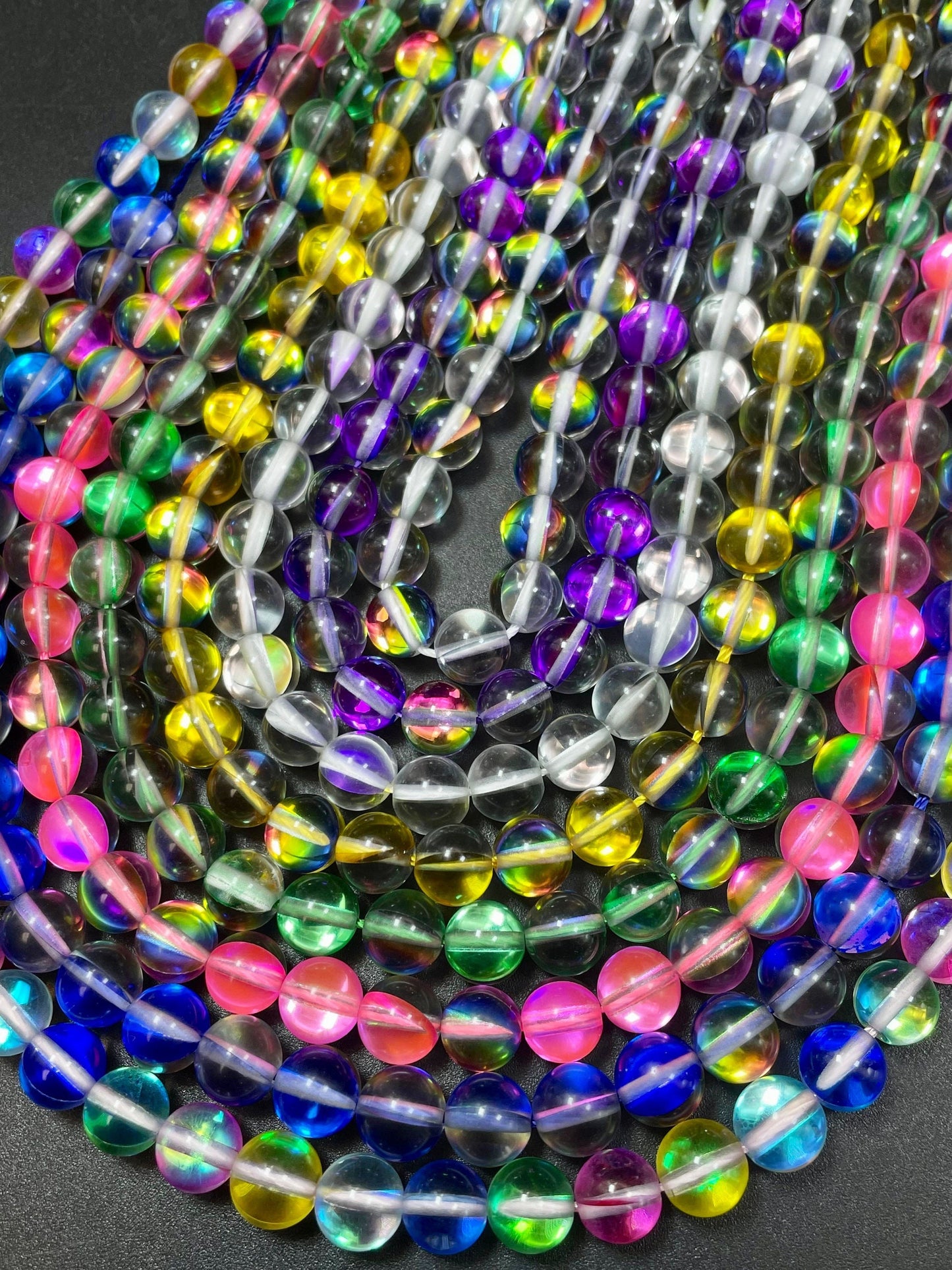 BULK! Beautiful Mermaid Glass Beads Smooth 6mm 8mm 10mm Round Beads, Mixed Multicolor Beads with Rainbow Flashes, High Quality Full Strands!