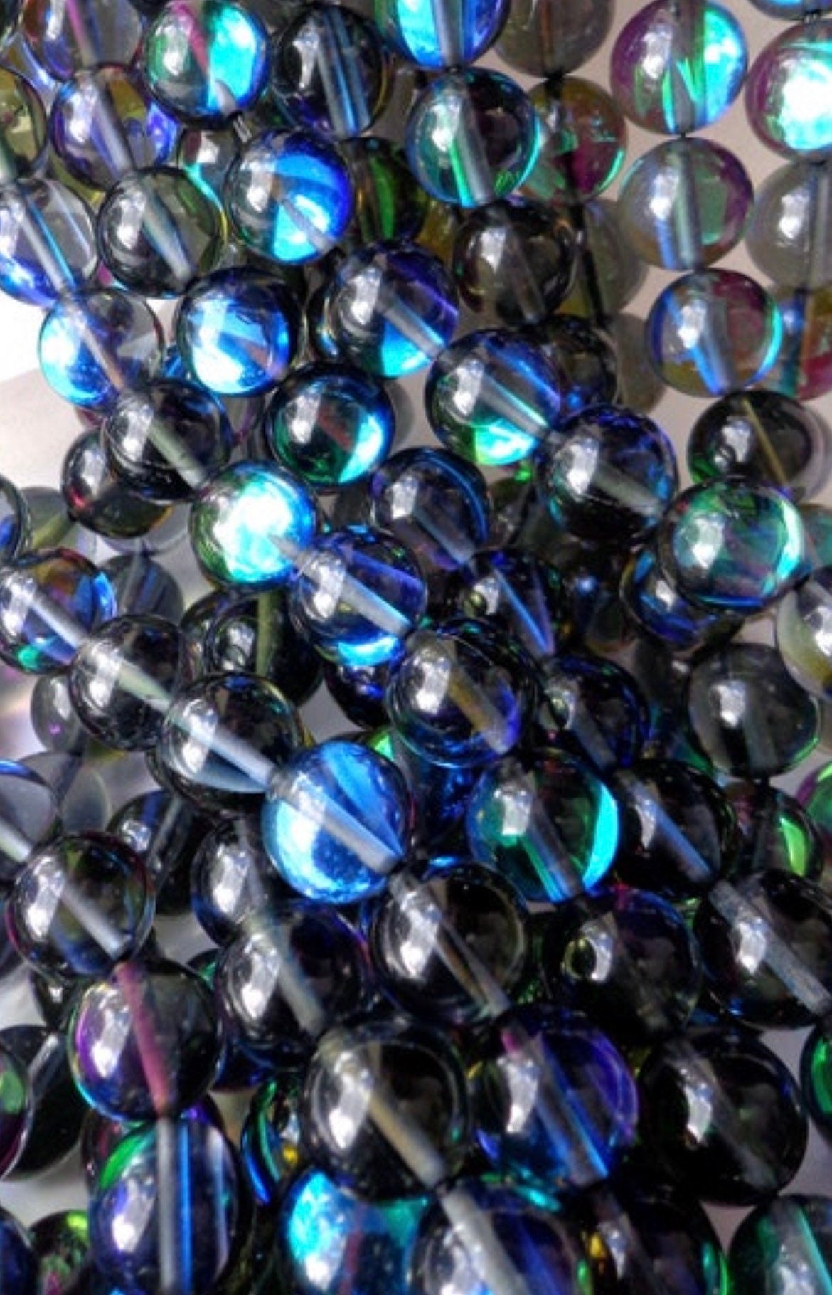 Mermaid Glass Beads 6mm 8mm 10mm 12mm Round Beads, Beautiful Rainbow Gloss Black Mermaid Glass Beads, Full Strand 15.5"