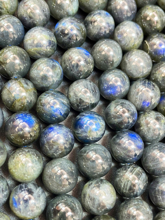AAA Natural Black Blue Flash Labradorite Gemstone Bead 6mm 8mm 10mm Round Bead, Natural Black Gray Color with Blue Flash Labradorite Gemstone Beads 15.5"