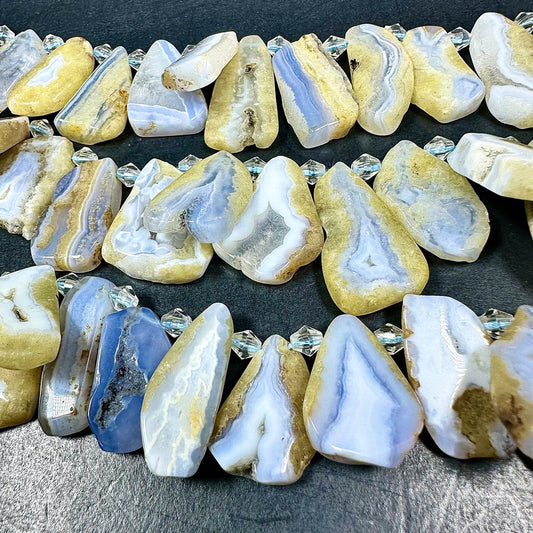 NATURAL Blue Lace Agate Gemstone 23x11 to 40x20mm Flat Freeform Shape Bead. Beautiful Blue White Color Loose Beads. Full Strand 15.5"