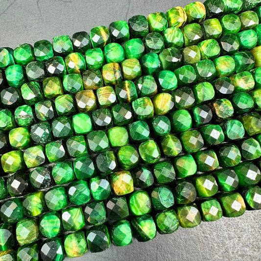 NATURAL Green Tiger Eye Gemstone Faceted 5mm 8mm Cube Shape Bead. Gorgeous Green Color Tiger Eye Loose Beads, Amazing Quality Full Strand 15.5"