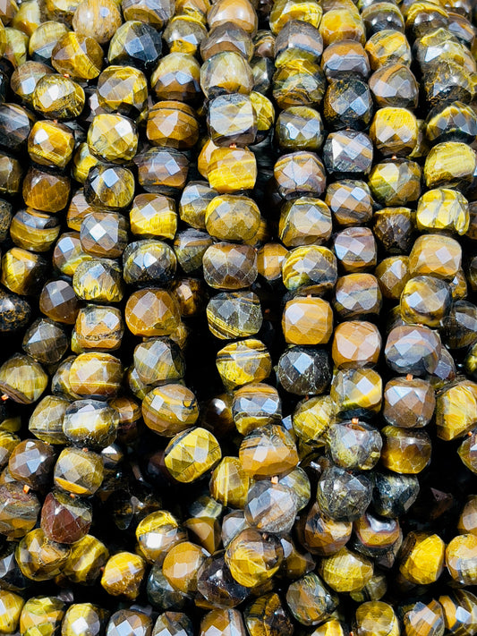 Natural Brown Tigers Eye Gemstone Beads - 10mm Faceted Cube Beads - Natural Brown Yellow Color Tiger Eye Gemstone, Excellent Quality 15.5"