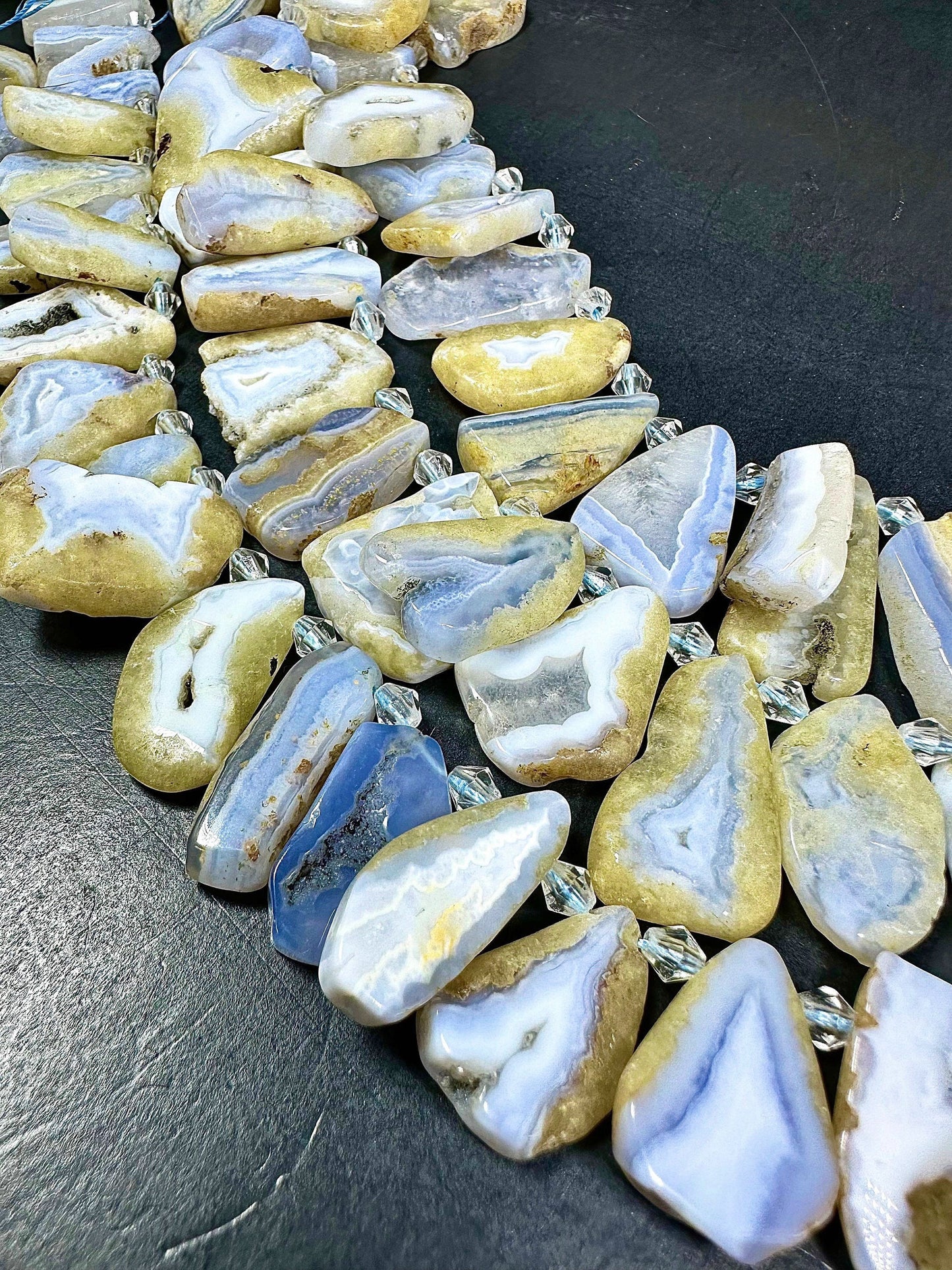 NATURAL Blue Lace Agate Gemstone 23x11 to 40x20mm Flat Freeform Shape Bead. Beautiful Blue White Color Loose Beads. Full Strand 15.5"