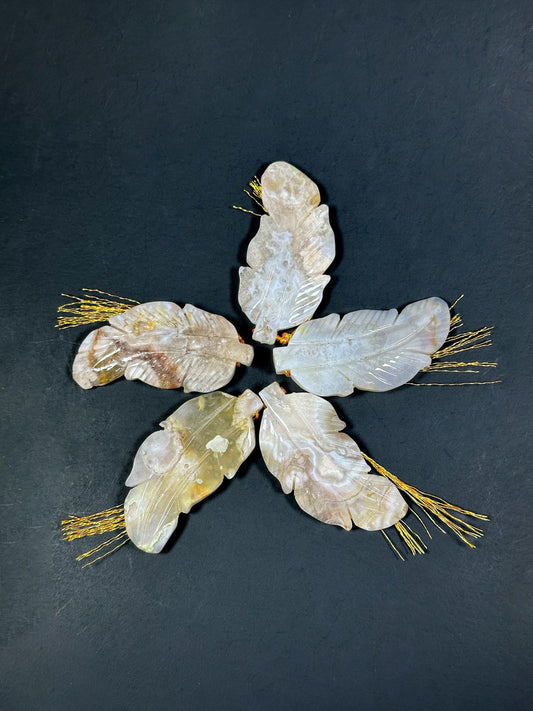 NATURAL Beautiful Hand Carved Blossom Flower Agate Gemstone Pendant 51x24mm Feather Shape, Gorgeous Beige Color Agate Loose Pendant Bead