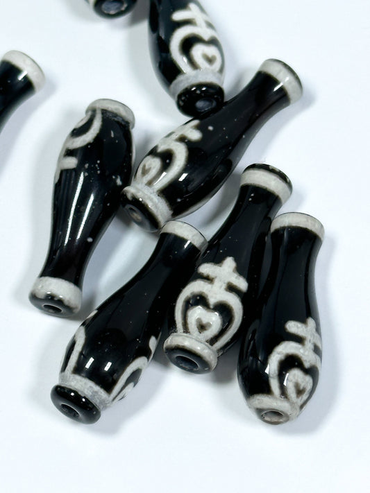 NATURAL Hand Painted Tibetan Agate Stone Bead 30x10mm Vase/Bottle Shape Bead, Hand Painted Black and White Color Loose Tibetan Agate Bead