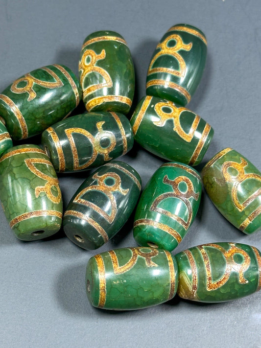 NATURAL Hand Painted Tibetan Agate Stone Bead 21x14mm Barrel Tube Shape Bead, Beautiful Green Brown Color Hand Painted Tibetan Loose Beads