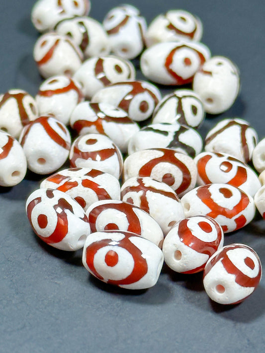 NATURAL Hand Painted Tibetan Agate Gemstone Bead 11x8mm Tube Shape Beads, Beautiful Hand Painted Red and White Color Tibetan Loose Beads