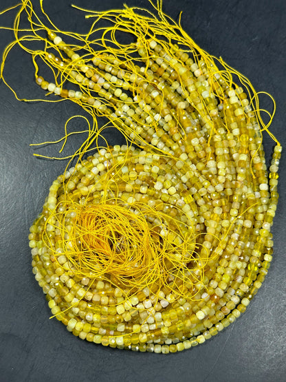 NATURAL Yellow Opal Gemstone Bead Faceted 5mm Cube Shape Bead, Beautiful Yellow Color Opal Gemstone Beads Full Strand 15.5" Great Quality
