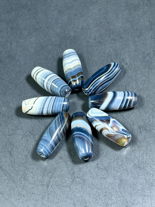 AAA NATURAL Botswana Agate Gemstone Bead Barrel/Tube Shape Bead, Gorgeous Gray/Grayish Blue White Color Botswana Agate LOOSE Beads