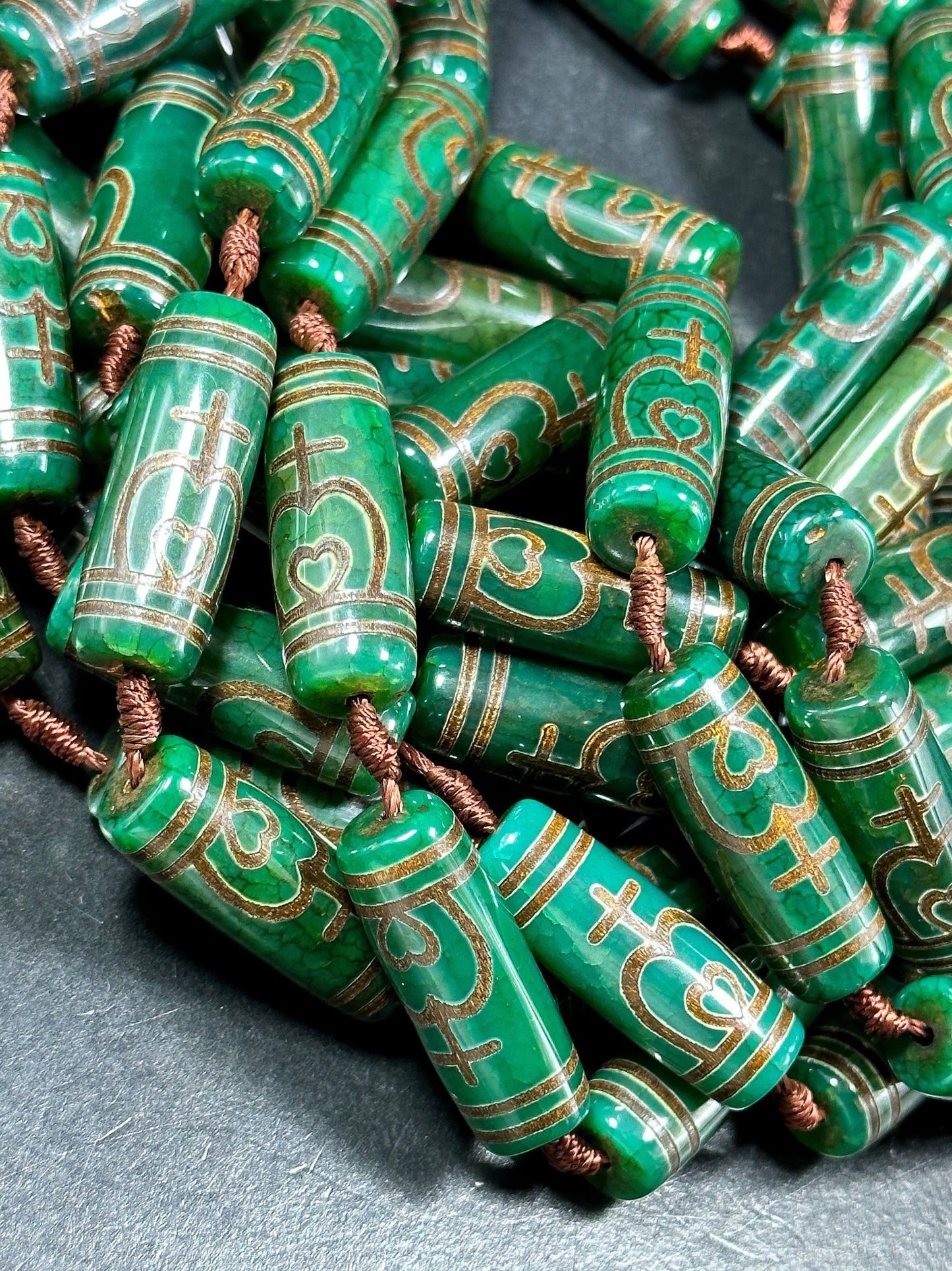 Natural Hand Painted Tibetan Gemstone Bead 30x11mm Tube Shape, Beautiful Green Color Tibetan Bead Hand Painted Design Full Strand 15.5"