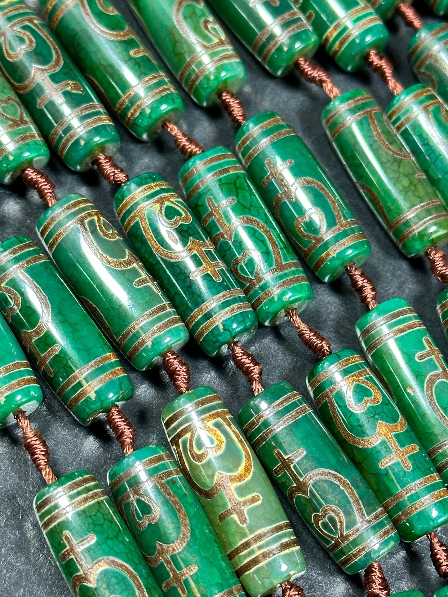 Natural Hand Painted Tibetan Gemstone Bead 30x11mm Tube Shape, Beautiful Green Color Tibetan Bead Hand Painted Design Full Strand 15.5"