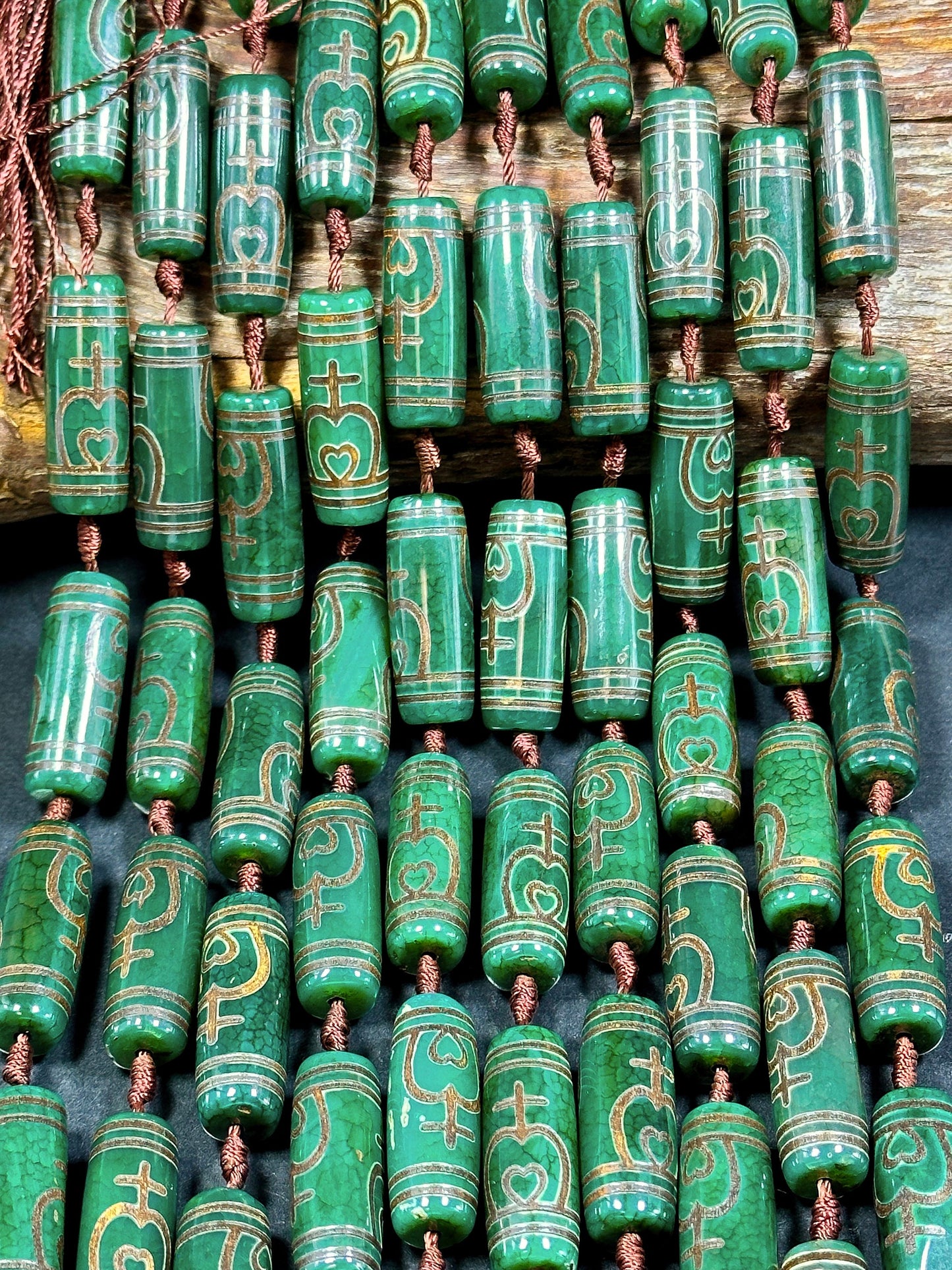 Natural Hand Painted Tibetan Gemstone Bead 30x11mm Tube Shape, Beautiful Green Color Tibetan Bead Hand Painted Design Full Strand 15.5"