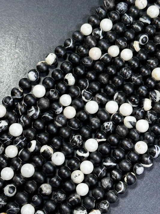 Natural Black White Agate Gemstone Bead 6mm 8mm 10mm Round Beads, Beautiful Black White Color Agate Gemstone Full Strand 15.5"
