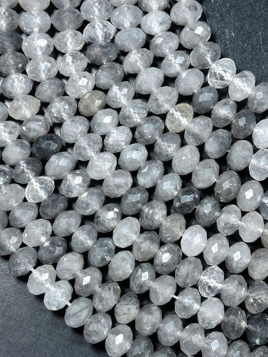 NATURAL Rutilated Quartz Gemstone Bead Faceted 11x8mm Rondelle Shape, Beautiful Gray Clear Color Quartz Gemstone Bead Full Strand 15.5"