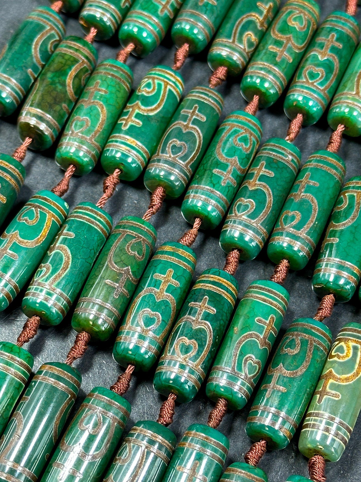 Natural Hand Painted Tibetan Gemstone Bead 30x11mm Tube Shape, Beautiful Green Color Tibetan Bead Hand Painted Design Full Strand 15.5"