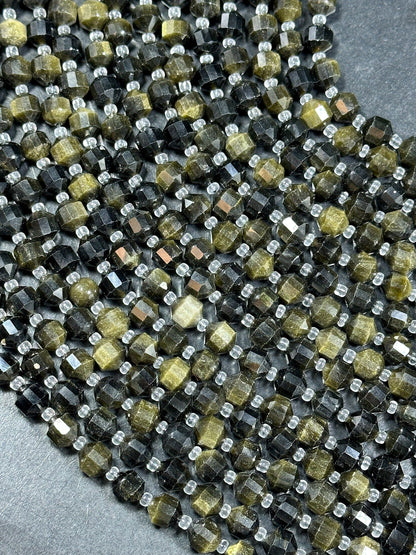 NATURAL Obsidian Gemstone Bead Faceted 8mm Diamond Cut Bead, Beautiful Black Green Color Obsidian Gemstone Bead Full Strand 15.5"