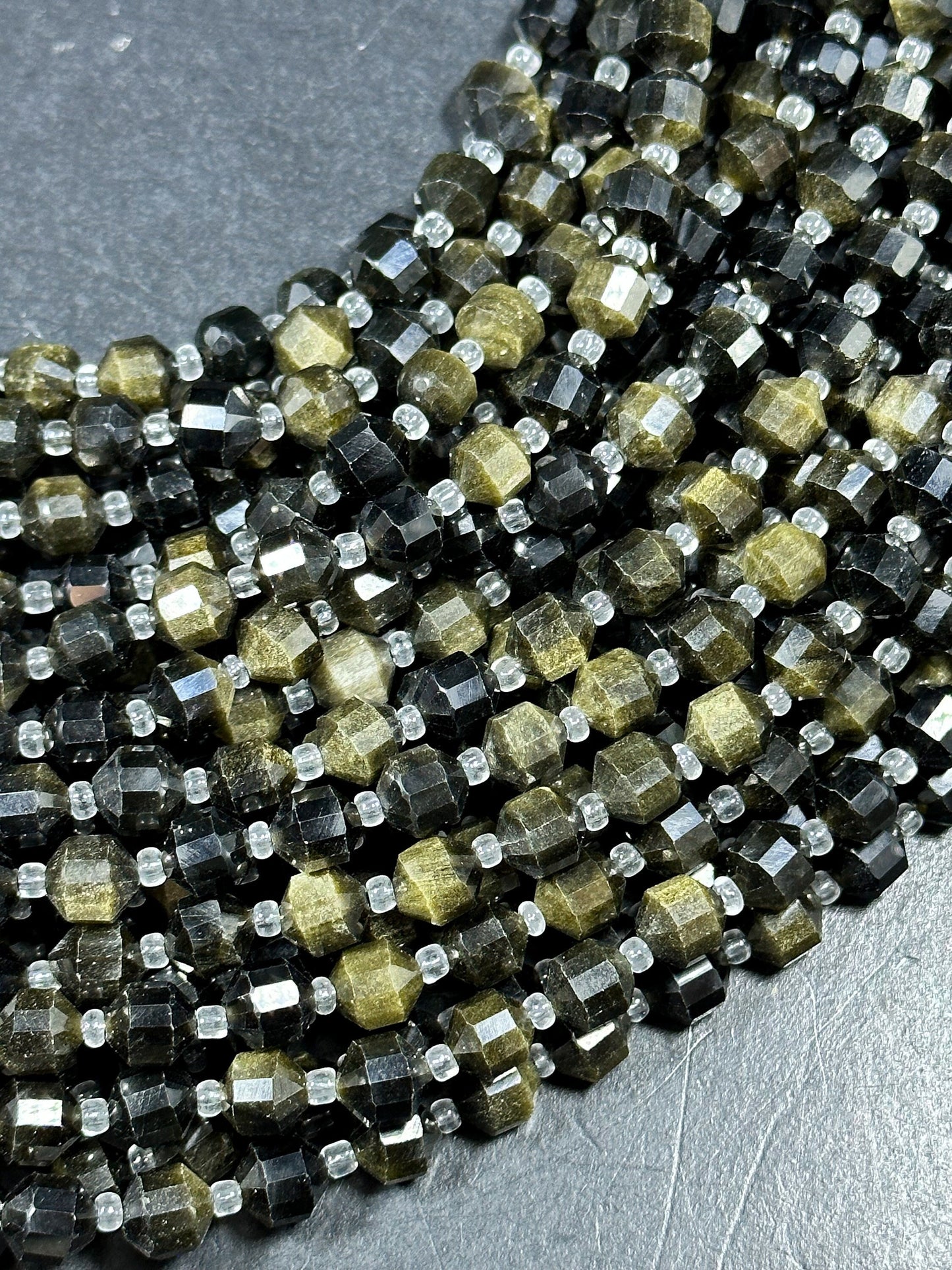 NATURAL Obsidian Gemstone Bead Faceted 8mm Diamond Cut Bead, Beautiful Black Green Color Obsidian Gemstone Bead Full Strand 15.5"