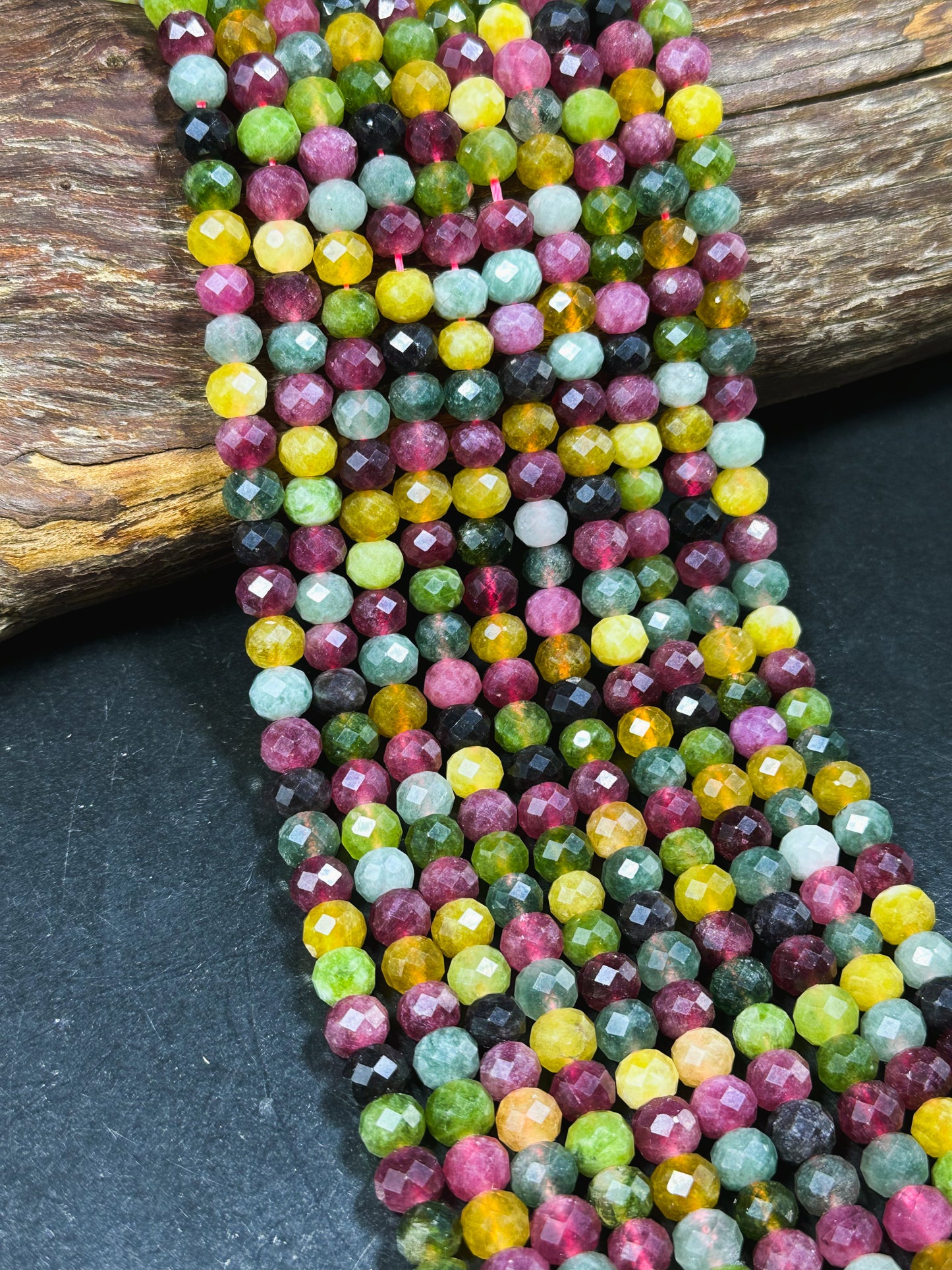 Natural Tourmaline Quartz Gemstone Bead Faceted Rondelle Shape Bead, Beautiful Multicolor Green Yellow Pink Tourmaline Quartz, 15.5" Strand