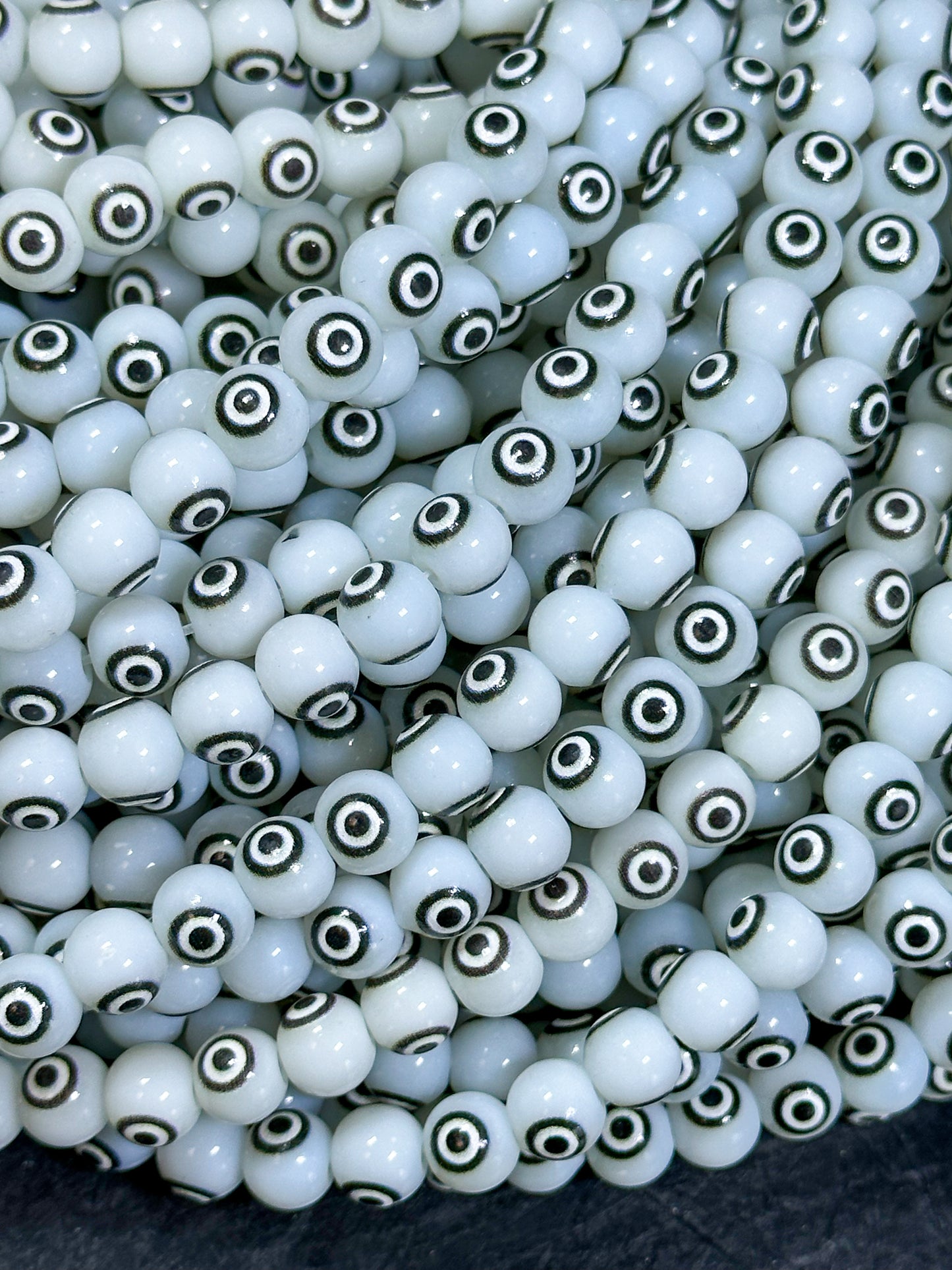 Beautiful White Evil Eye Glass Beads 6mm 8mm Round Beads, Beautiful White Black Evil Eye Amulet Glass Beads, Full Strand Glass Beads