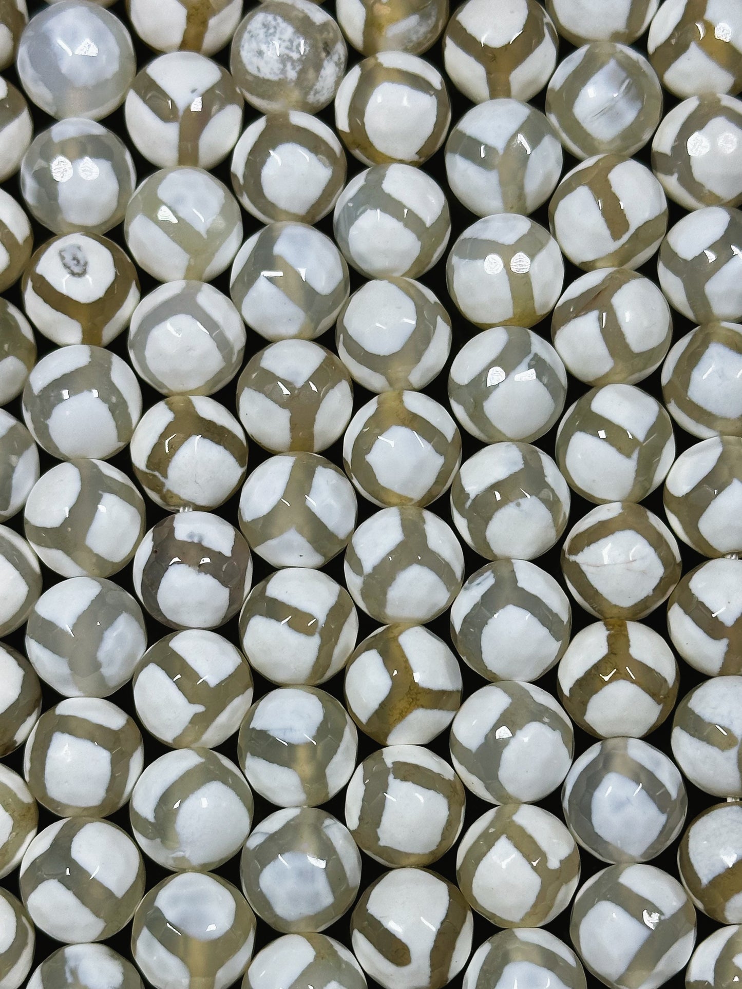 Natural White Hand Painted Tibetan Agate Gemstone Bead Faceted 6mm 8mm 10mm 12mm Round Beads, White Soccer Ball Design Full Strand 15.5"