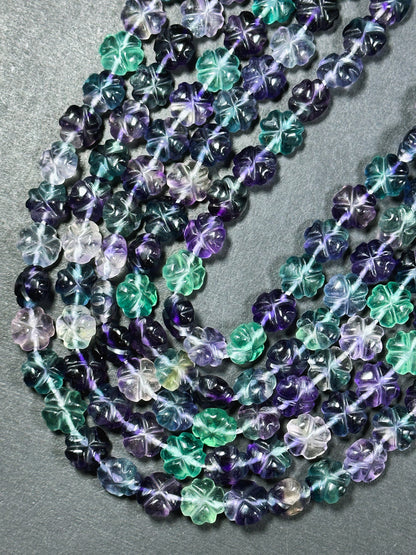 AAA Natural Fluorite Gemstone Bead, Hand Carved 12mm Flower Shape Bead, Beautiful Natural Purple Green Color Fluorite Bead Full Strand 15.5"