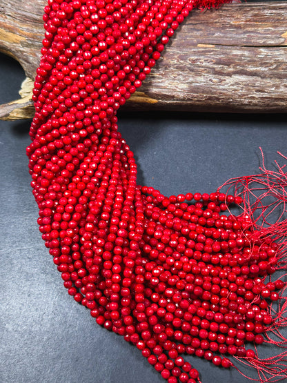 Natural Red Coral Gemstone Bead Faceted 3mm 5mm Round Beads, Beautiful Natural Red Color Bamboo Coral Gemstone Beads, Great Quality 15.5"