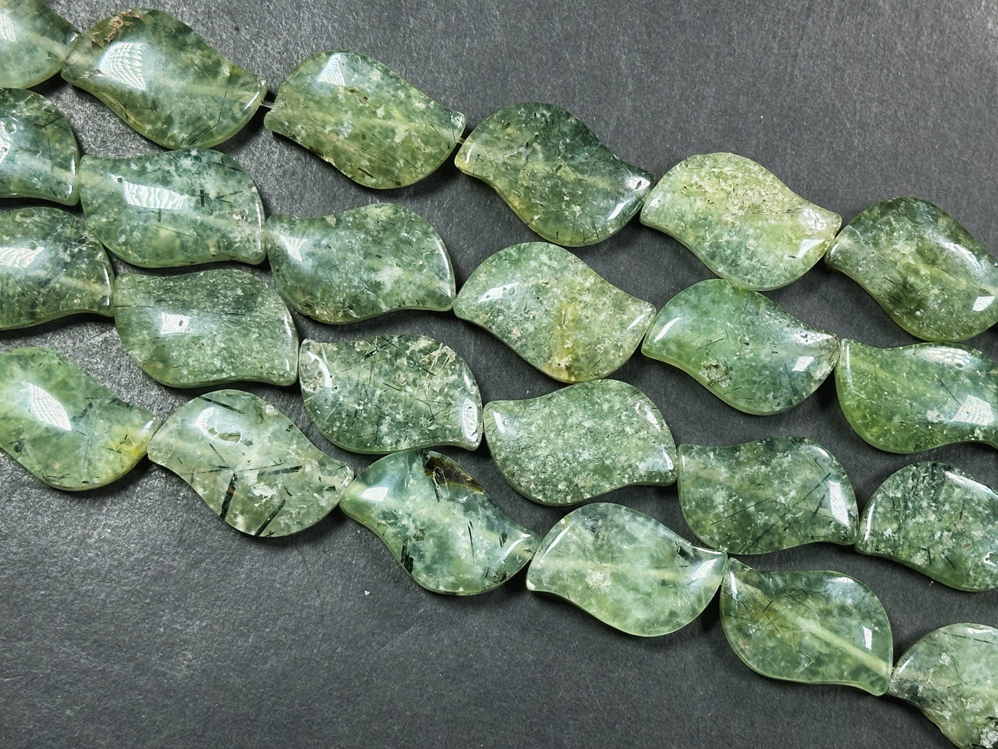 Natural Prehnite Gemstone Bead 29x18mm Wave Shape Bead, Beautiful Natural Green Prehnite Stone Bead w/ Epidote Inclusions, Full Strand 15.5"