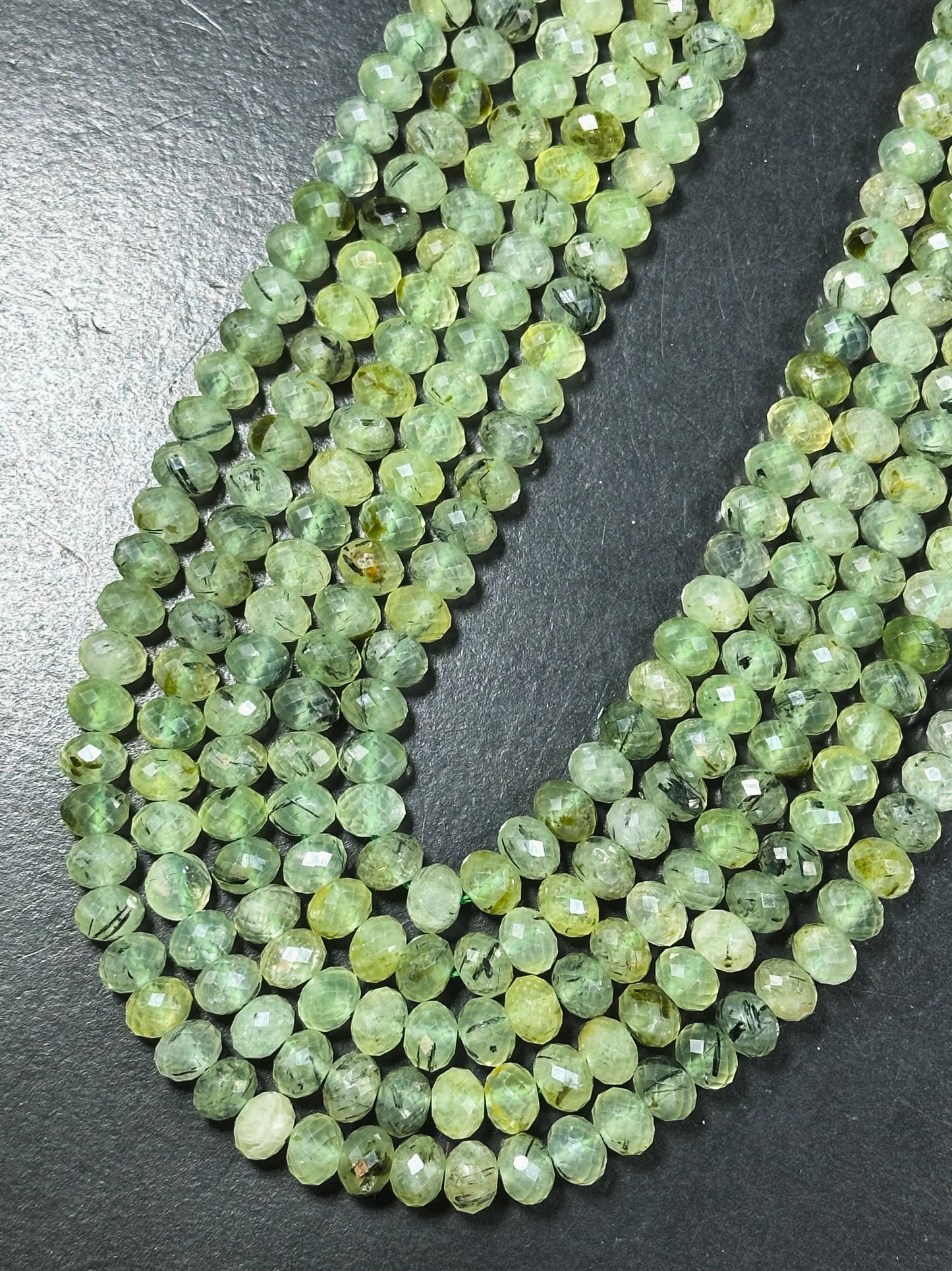 AAA Natural Prehnite Gemstone Bead Faceted 7x5mm Rondelle Shape, Natural Green Prehnite with Black Inclusions, Excellent Quality Full Strand 15.5"