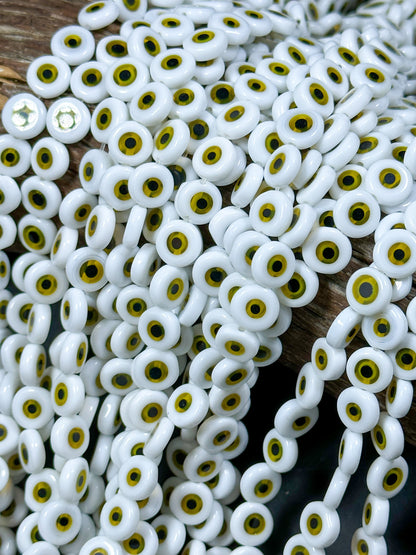 Beautiful Evil Eye Glass Beads 6mm 10mm Flat Coin Shape, Beautiful White with Yellow Evil Eye Glass Beads, Religious Amulet Prayer Beads