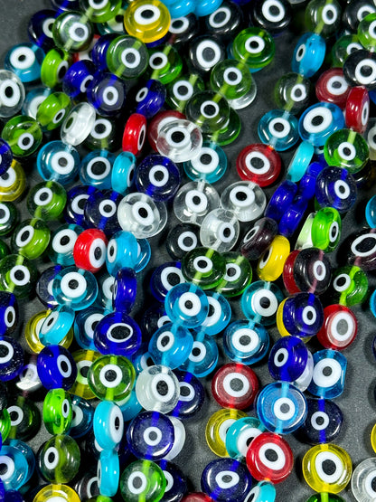 Beautiful Evil Eye Glass Beads 6mm 10mm Flat Coin Shape, Beautiful Multicolor Rainbow Evil Eye Glass Beads, Religious Amulet Prayer Beads