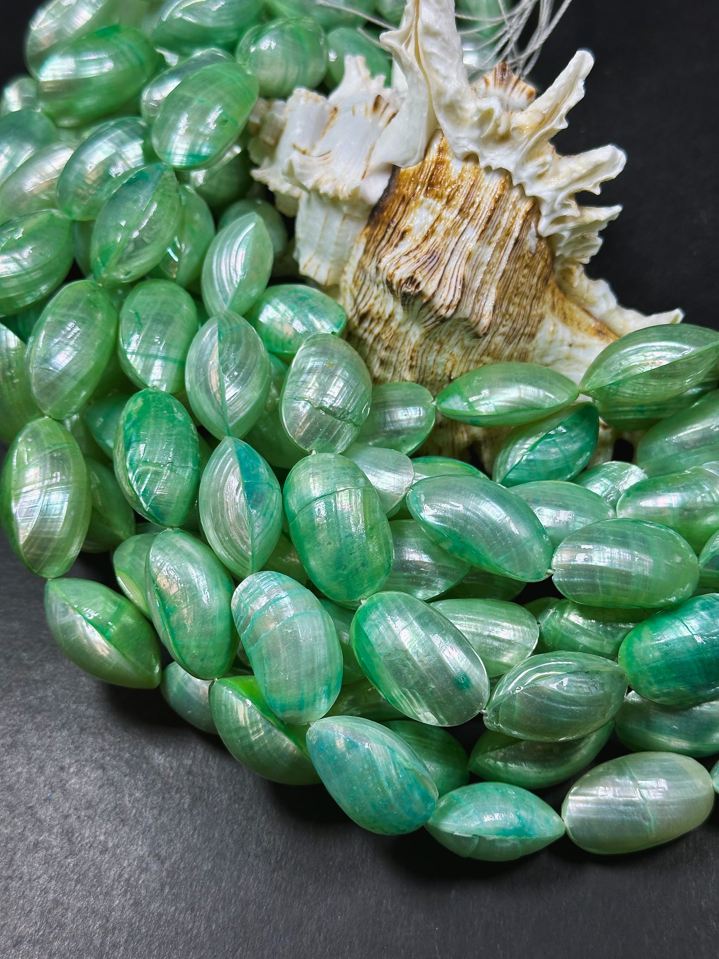 Natural Green Sea Shell Beads, Natural 24x12mm Sea Shell Oval Shape Beads, Gorgeous Spring Green Color Sea Shell Beads, 15.5" Strand