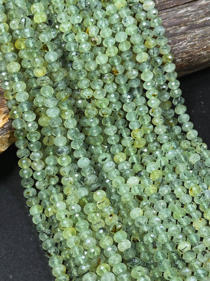 AAA Natural Prehnite Gemstone Bead Faceted 7x5mm Rondelle Shape, Natural Green Prehnite with Black Inclusions, Excellent Quality Full Strand 15.5"