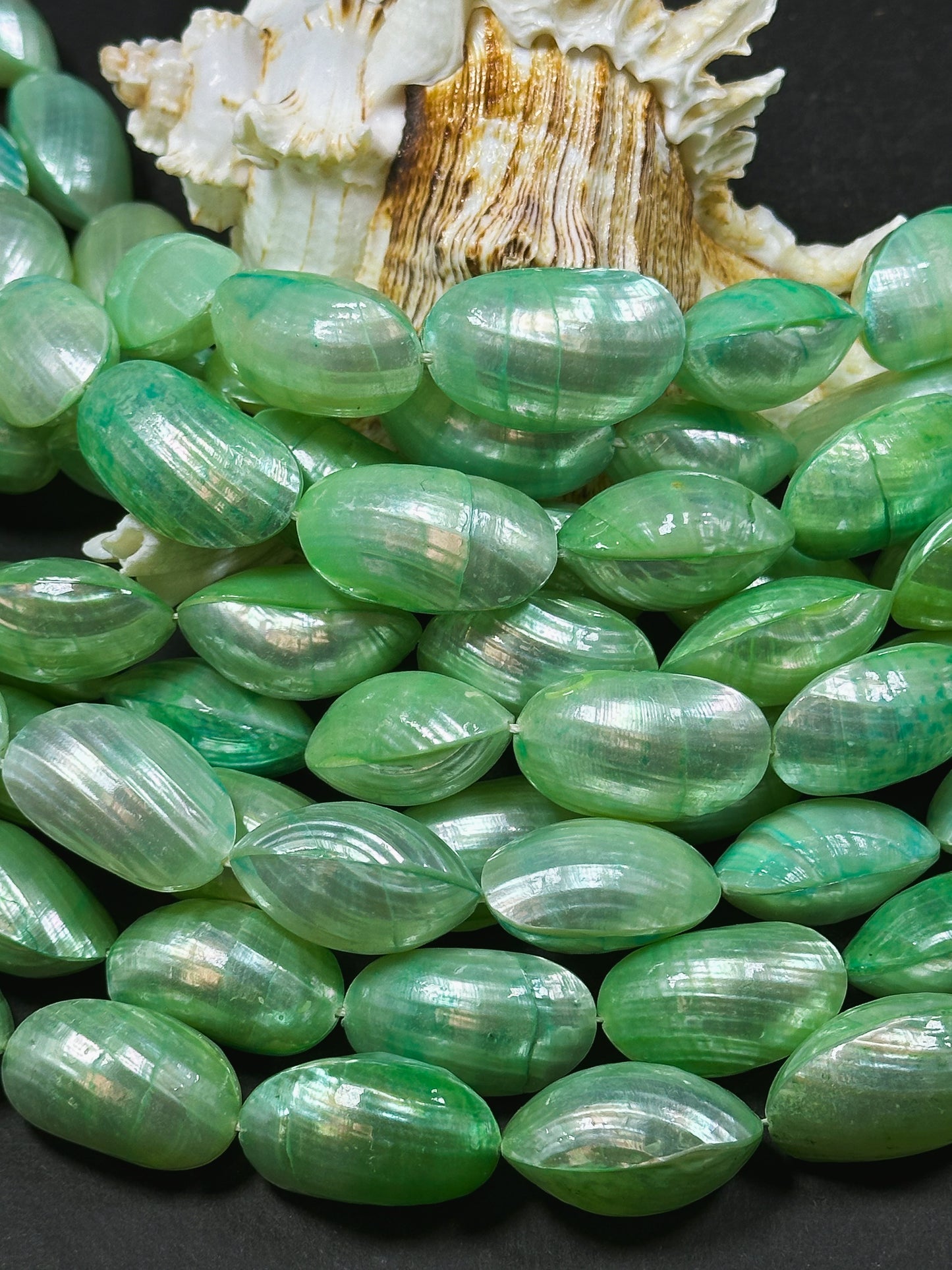 Natural Green Sea Shell Beads, Natural 24x12mm Sea Shell Oval Shape Beads, Gorgeous Spring Green Color Sea Shell Beads, 15.5" Strand