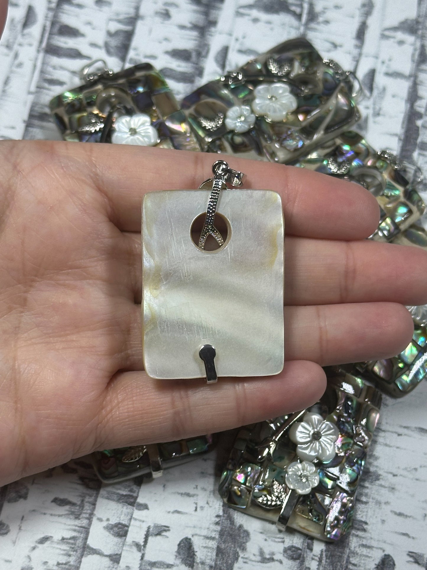 Natural Abalone Shell Pendant Charm, Beautiful Rainbow Abalone Rectangle Shape Pendant with Floral Flower Design for Jewelry Making (1pc)