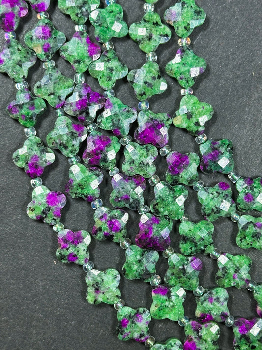 Natural Ruby Zoisite Gemstone Bead Faceted 12mm Clover Flower Shape Bead, Gorgeous Natural Green Ruby Color Ruby Zoisite Beads 15.5" Strand