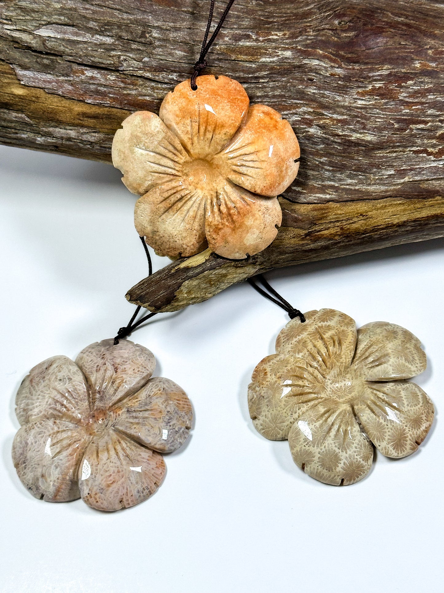 Hand Carved Natural Fossil Coral Gemstone Pendant 54mm Flower Shape, Beautiful Orange Red Beige Color Hand Carved Loose Fossil Coral Pendant