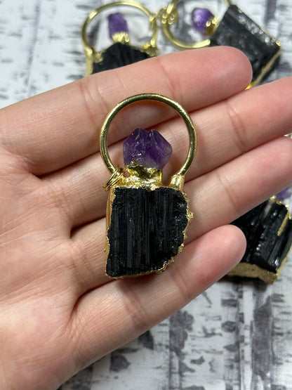 Natural Raw Black Tourmaline with Purple Amethyst Nugget Charm Pendant, Freeform Raw Tourmaline Amethyst Plated Edges Charm Pendant (1pc)