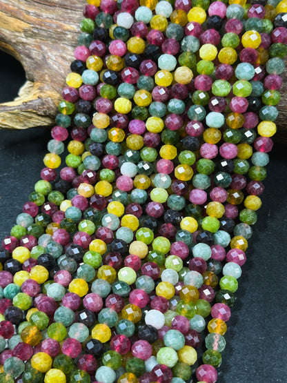 Natural Tourmaline Quartz Gemstone Bead Faceted Rondelle Shape Bead, Beautiful Multicolor Green Yellow Pink Tourmaline Quartz, 15.5" Strand