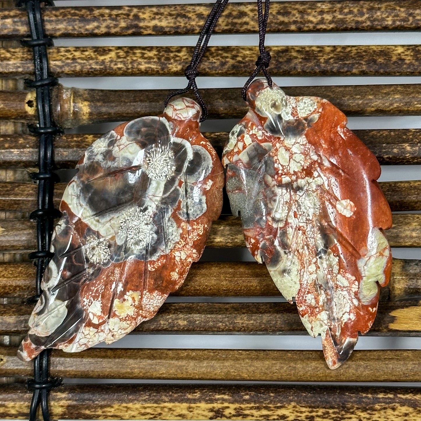 NATURAL Beautiful Hand Carved Mushroom Jasper Gemstone Pendant 62x32mm Leaf Shape, Gorgeous Red Orange Color Mushroom Jasper Loose Pendant