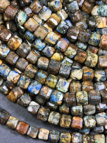 Natural Chrysocolla Gemstone Bead Faceted 7-8mm Cube Shape, Beautiful Brown Blue Color Chrysocolla Beads Full Strand 15.5"